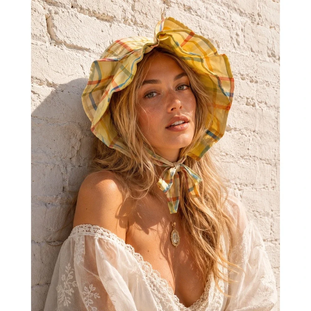 Vintage Plaid Prairie Sun Bonnet Yellow Cotton Ruffle Brim Tie Back Cottagecore